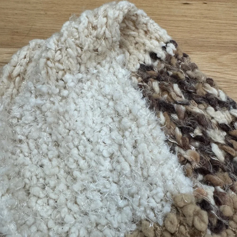 Handmade Chunky Knit Infinity Scarf Multi Texture Metallic Brown Tan Cream 64in